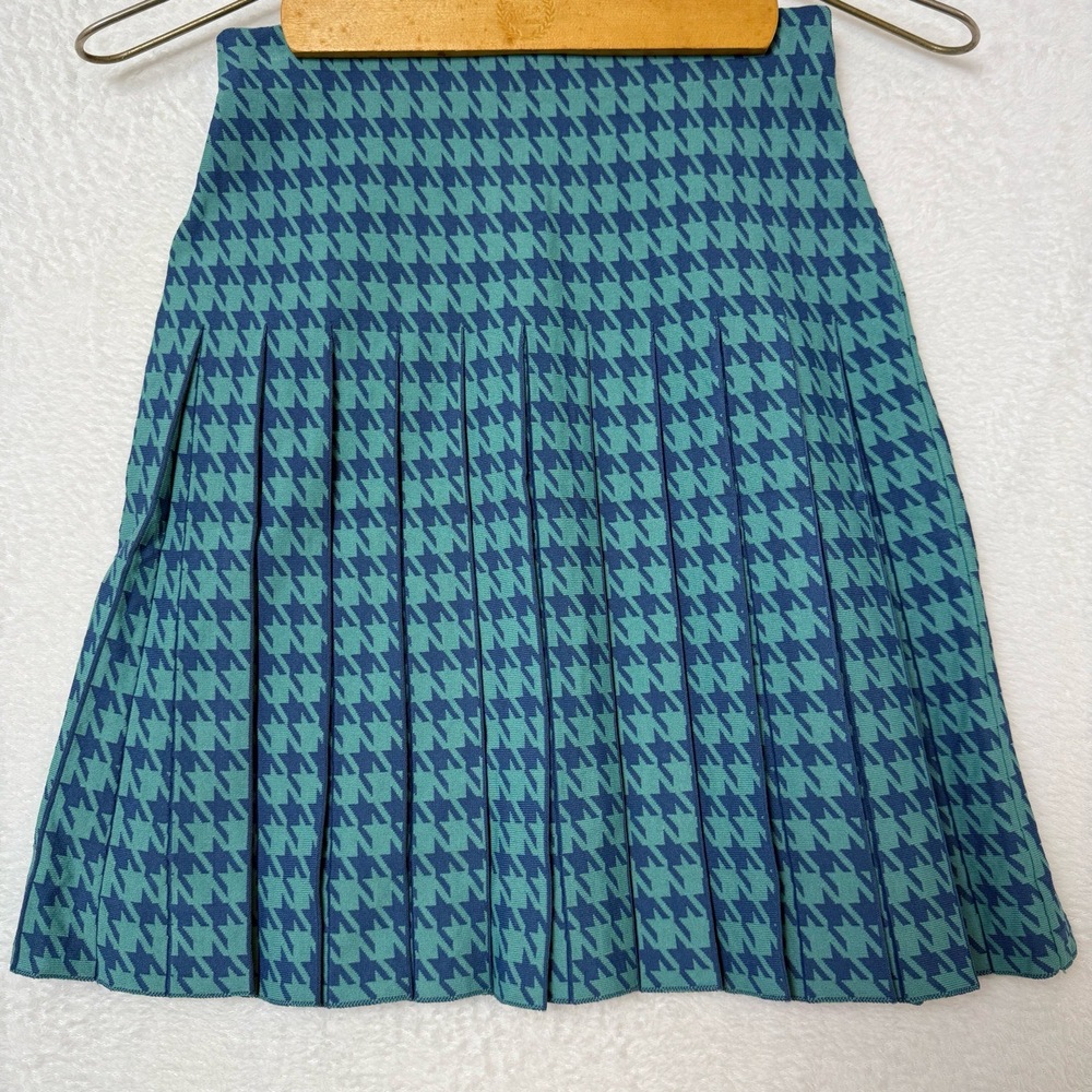 Aleeza Paris Skirt Womens XS Teal Dark Blue Houndstooth Pleated Knit Classic